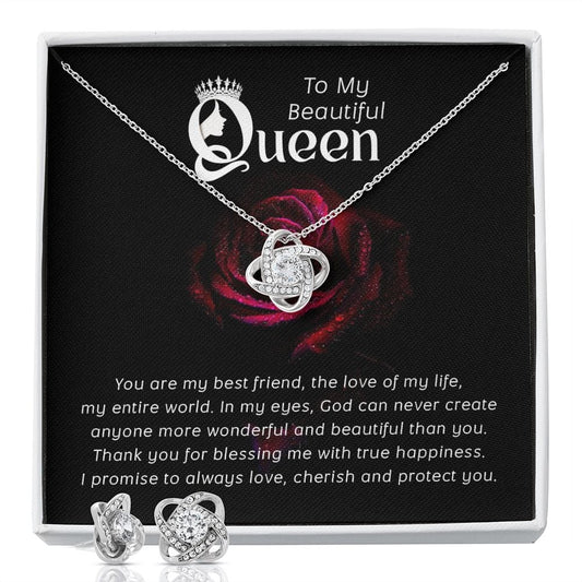 To My Beautiful Queen - 14K Love Knot Necklace & Earring Set