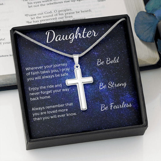 Daughter, Be Bold - Artisan-Crafted Stainless Steel Cross Necklace