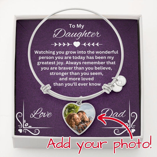 Daughter Bracelet - Photo Upload Heart Bangle with Message Card